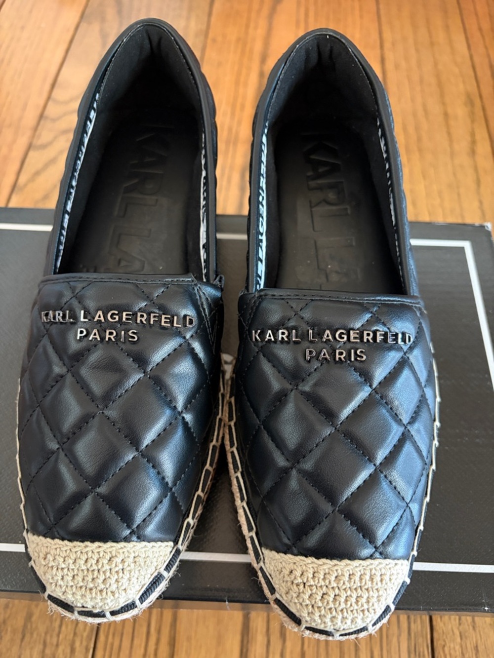 Karl Lagerfeld Black Quilted Espadrille Flats with Beige Toe